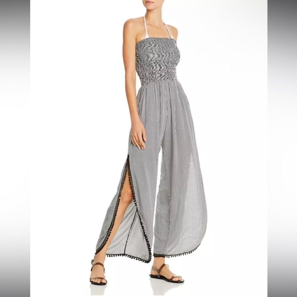 Peixoto Gray Smocked Halter Wide-Leg Jumpsuit with Pom Trim